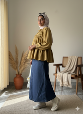 YEZWE Cey Mustard Peplum Top With Denim Maxi Skirt | Modest Pinteresty Wear